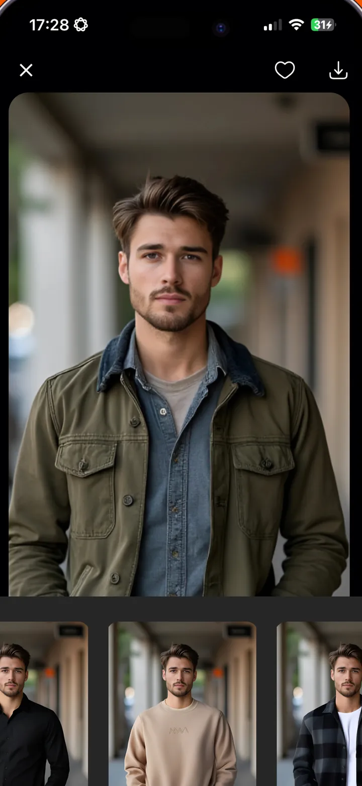 Dressy result screen: the photo of a man now wearing an olive jacket, with close, favourite and download buttons and a row of other looks below